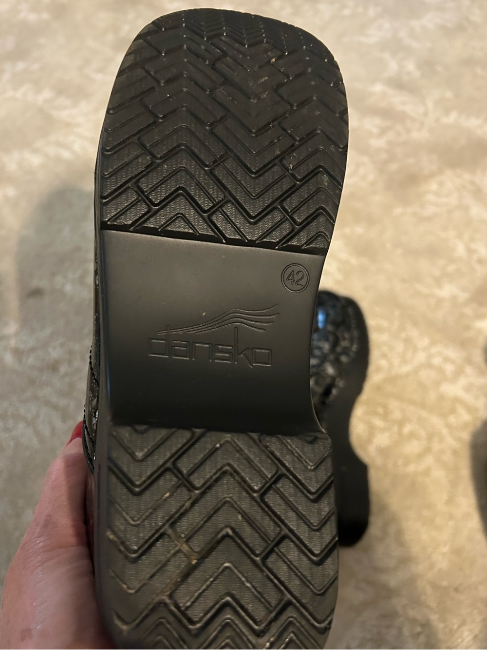 Dansko slip on clogs. Shiny, black, silver, & blue, leather. - Picture 7 of 10